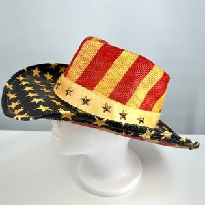 Goldcoast Sunwear American Flag Straw Cowboy Hat Patriotic Stars Stripes Red Tan